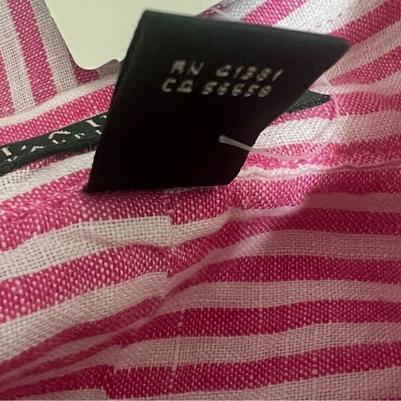 NWT Lauren Ralph Lauren Pink White Stripe Linen Blouse Tunic M Roll Tab Sleeve - Picture 9 of 13
